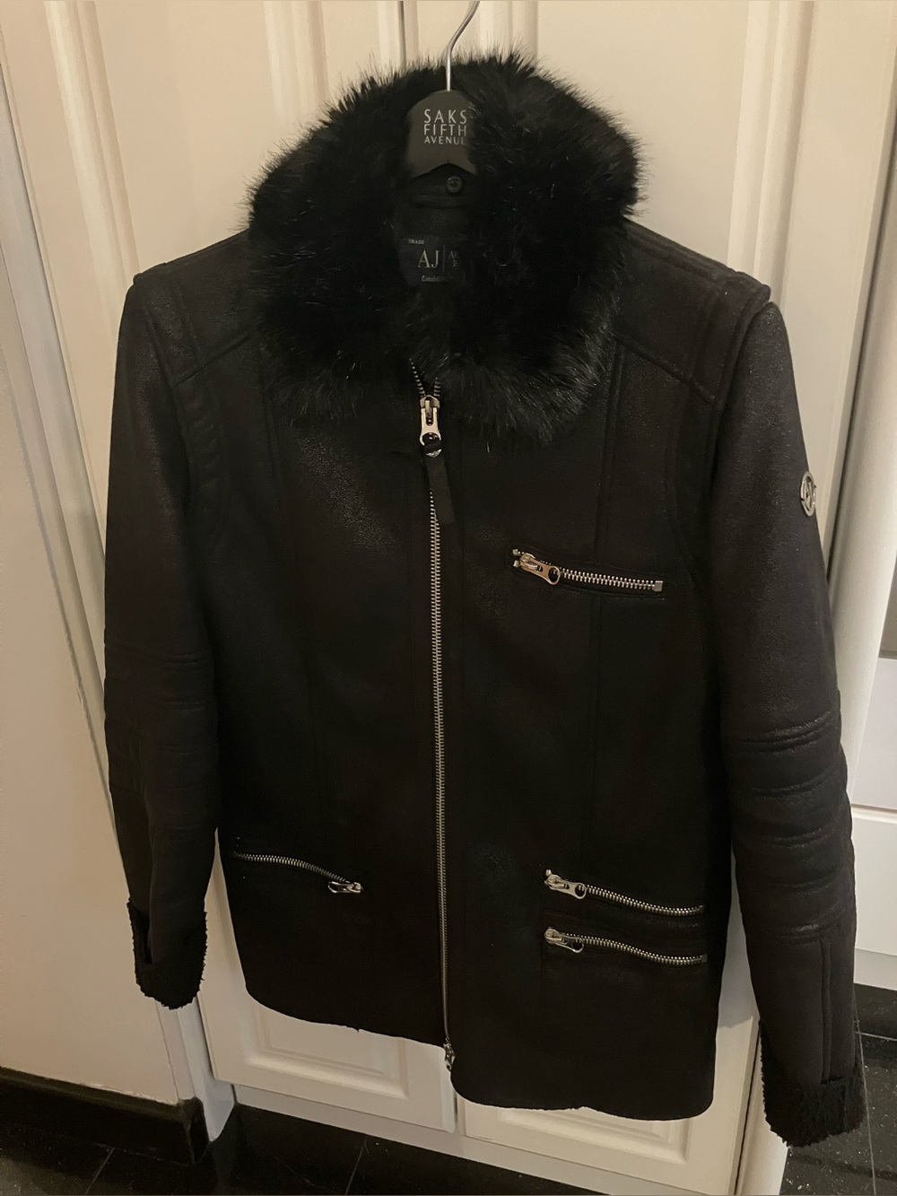 Armani Jeans Black Faux Shearling Jacket with Fur Collar